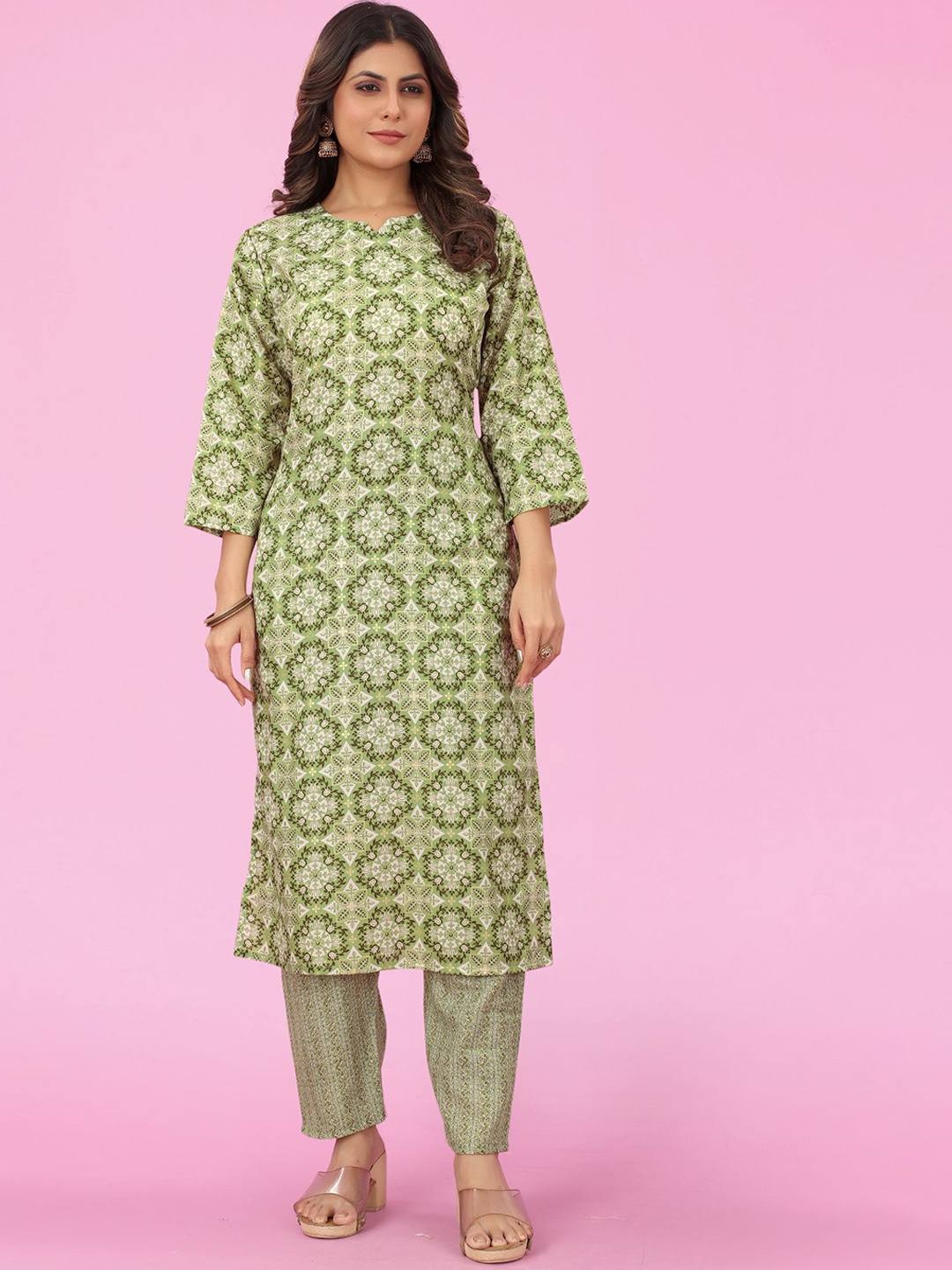 

KALINI Ethnic Printed Straight Kurta With Trousers, Green