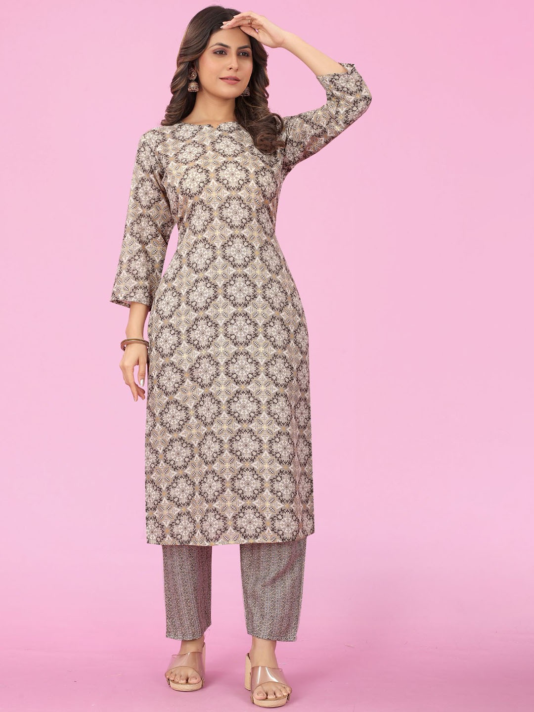 

KALINI Ethnic Printed Straight Kurta With Trousers, Beige