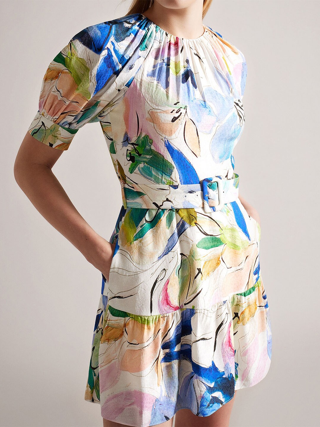 

Ted Baker Floral Printed Round Neck Puff Sleeve Belted A-Line Mini Dress, White