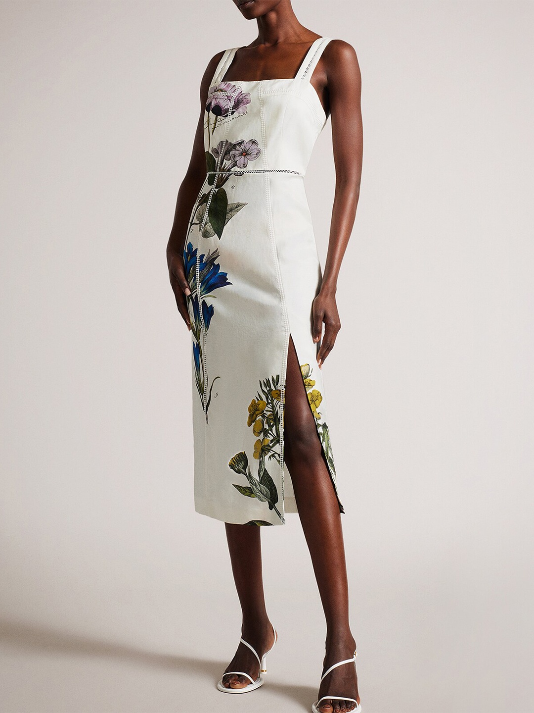 

Ted Baker Floral Printed Shoulder Straps Sheath Midi Dress, White
