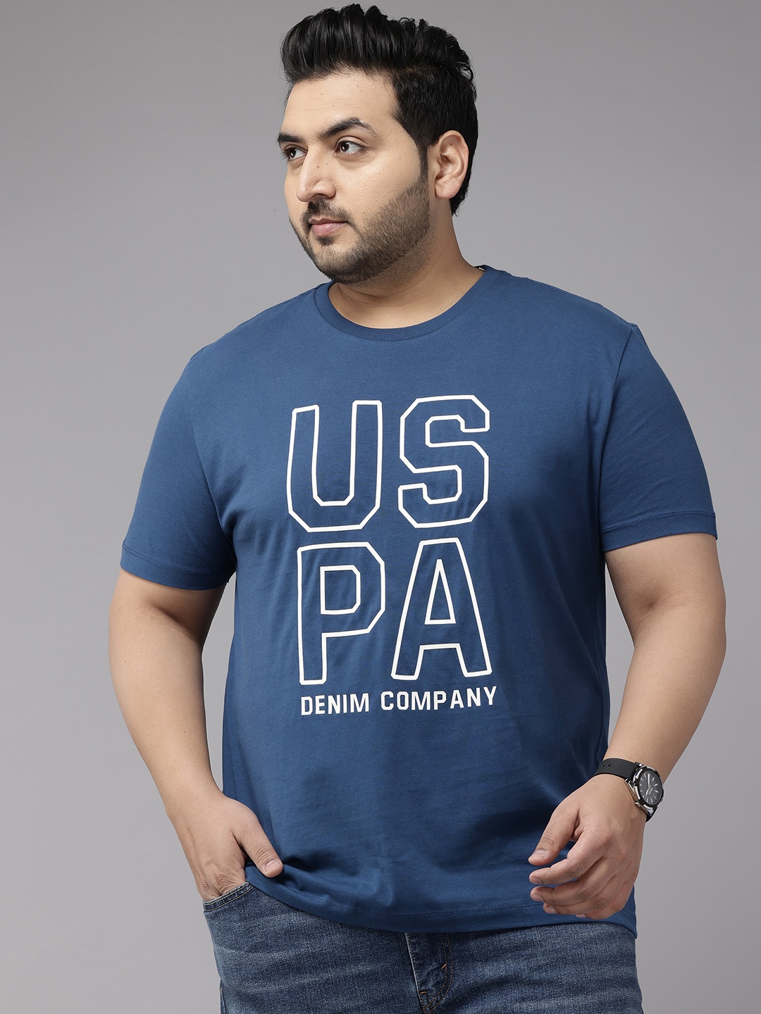 

U.S. Polo Assn. Denim Co. Relaxed Fit Plus Size Typography Printed Pure Cotton T-Shirt, Navy blue