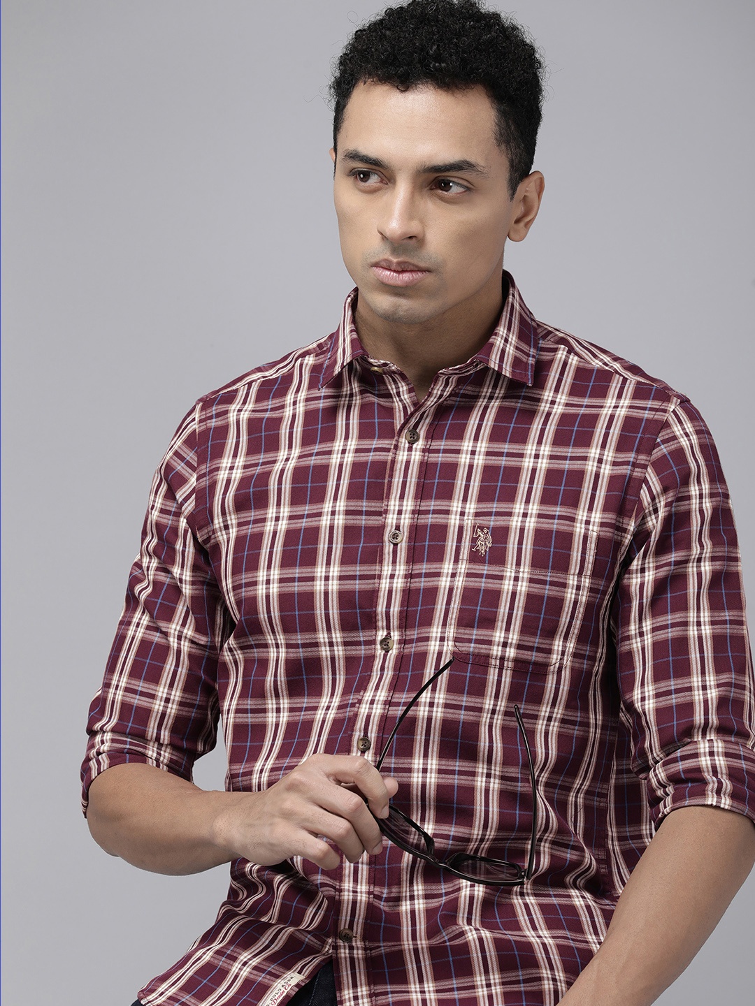 

U.S. Polo Assn. Denim Co. Pure Cotton Slim Fit Checked Casual Shirt, Maroon