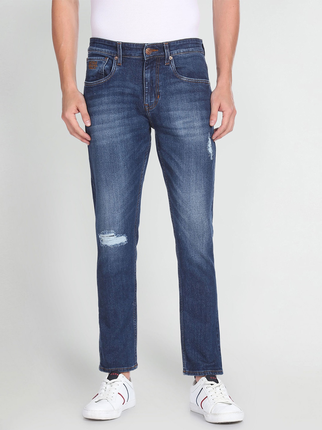 

U.S. Polo Assn. Denim Co. Men Henry Regular Fit MR Mildly Distressed Stretchable Jeans, Blue