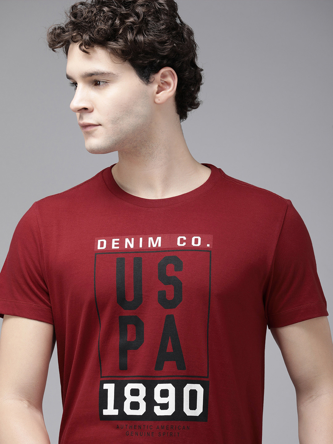 

U S Polo Assn Denim Co Typography Printed Pure Cotton T-shirt, Maroon