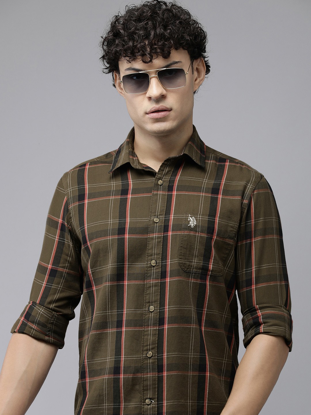 

U.S. Polo Assn. Denim Co. Slim Fit Checked Pure Cotton Casual Shirt, Olive