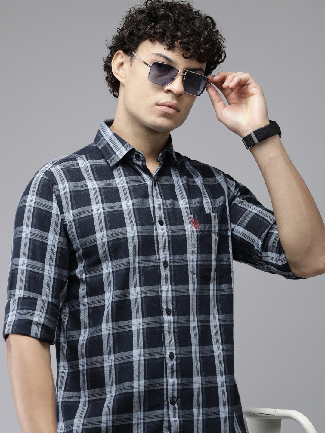 

U.S. Polo Assn. Pure Cotton Tailored Fit Checked Casual Shirt, Blue