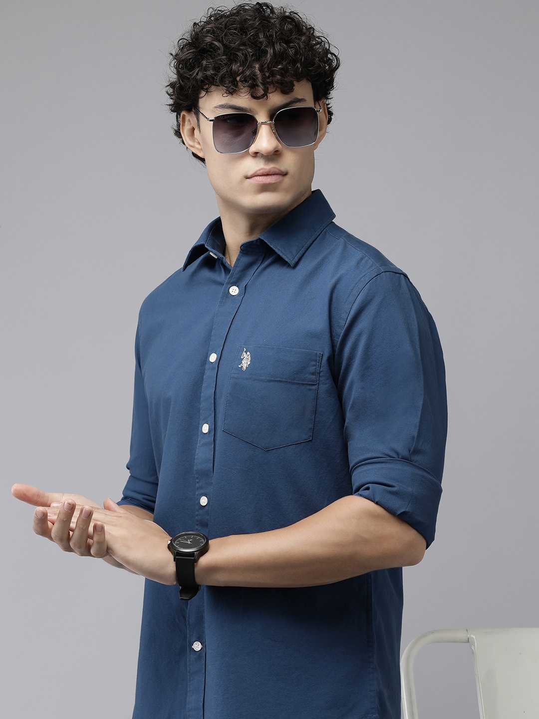

U.S. Polo Assn. Tailored Fit Spread Collar Pure Cotton Casual Shirt, Navy blue