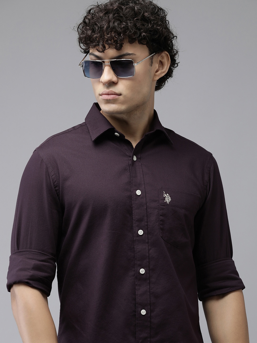 

U.S. Polo Assn. Tailored Fit Spread Collar Pure Cotton Casual Shirt, Purple