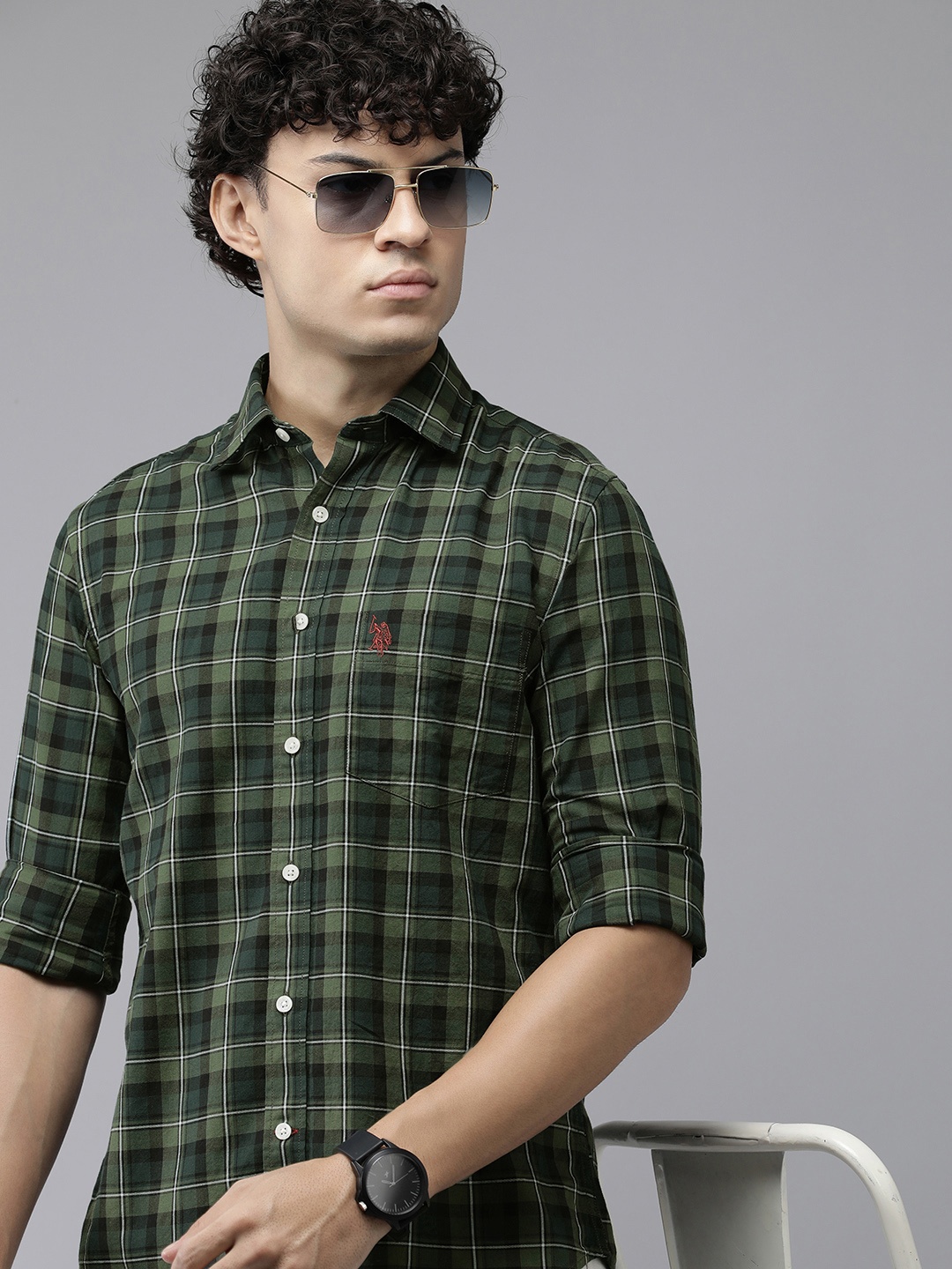 

U.S. Polo Assn. Premium Tailored Fit Pure Cotton Checked Casual Shirt, Green