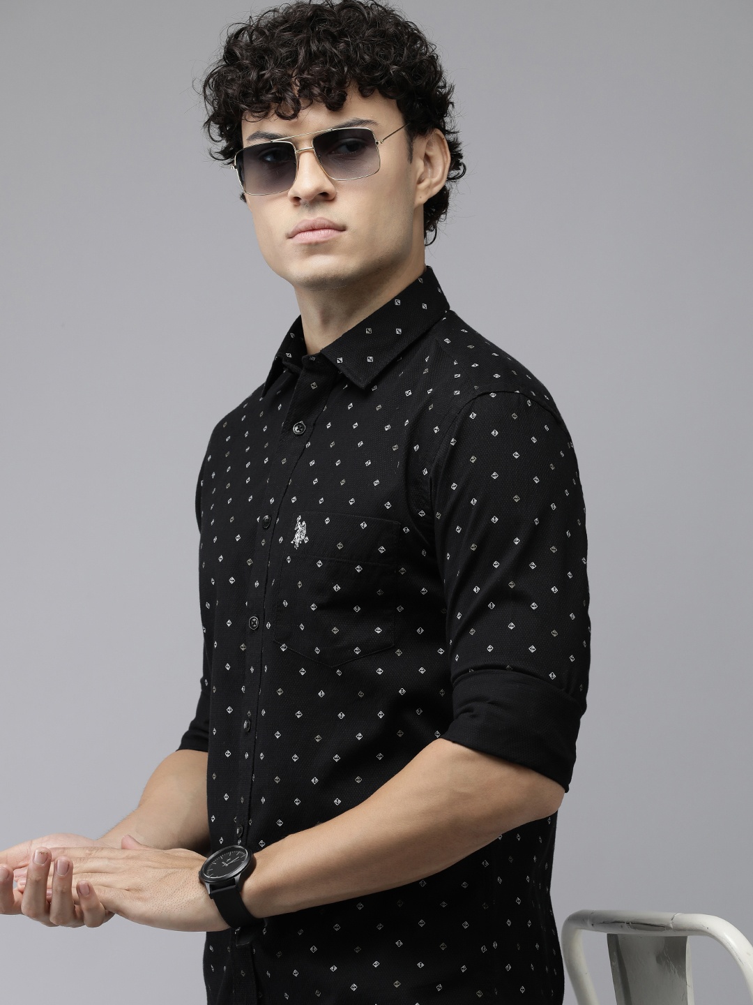 

U.S. Polo Assn. Premium Tailored Fit Pure Cotton Printed Casual Shirt, Black