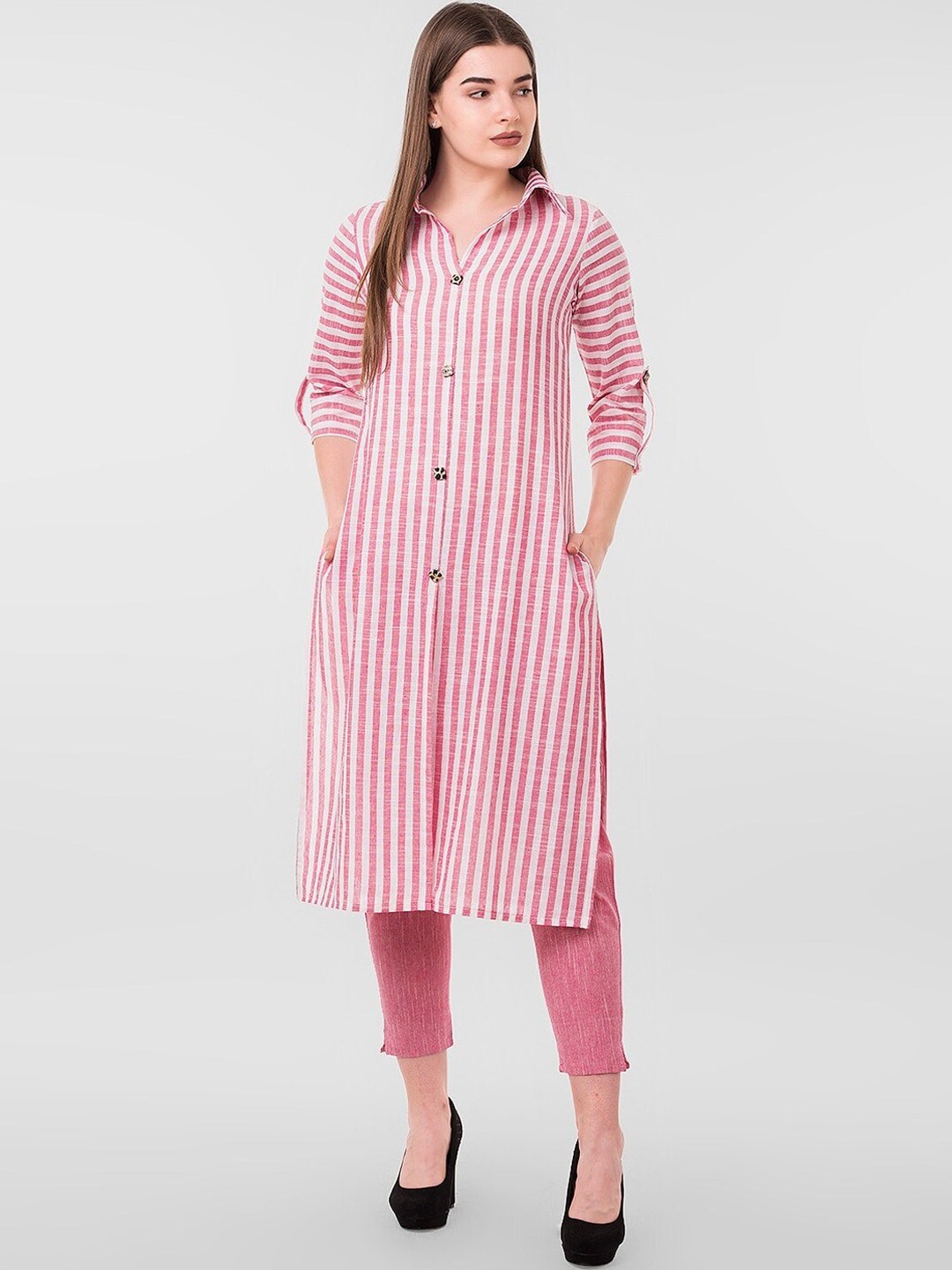 

KALINI Striped Shirt Collar Pure Cotton Kurta with Trousers, Pink