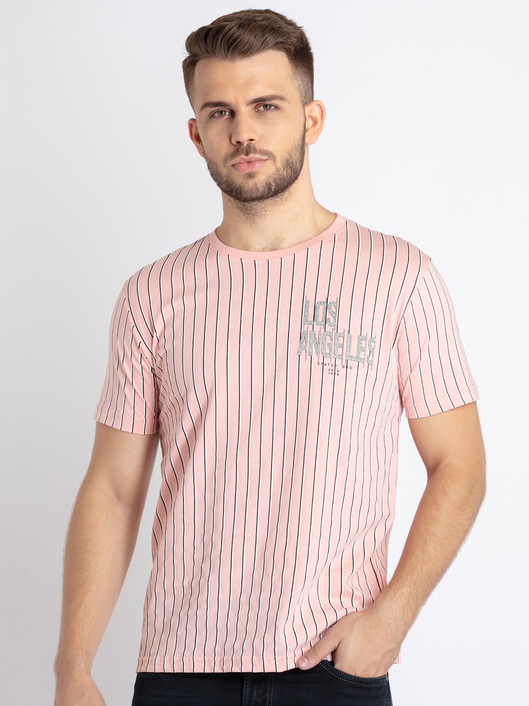 

Status Quo Striped Round Neck T-shirt, Pink