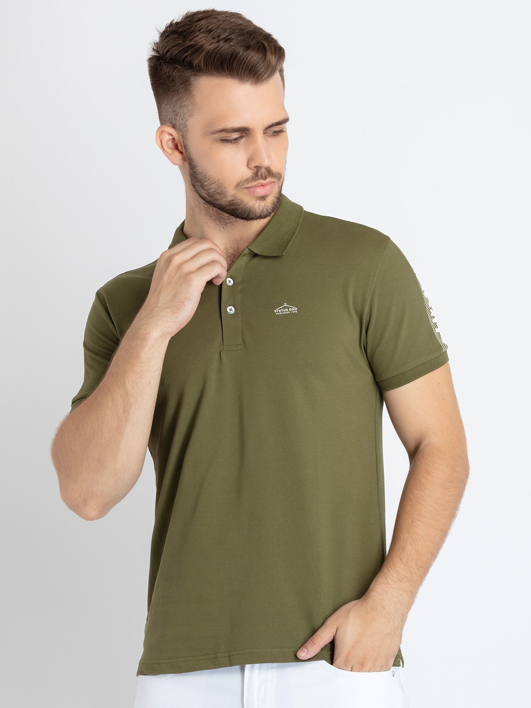 

Status Quo Polo Collar Short Sleeves Cotton T-shirt, Olive