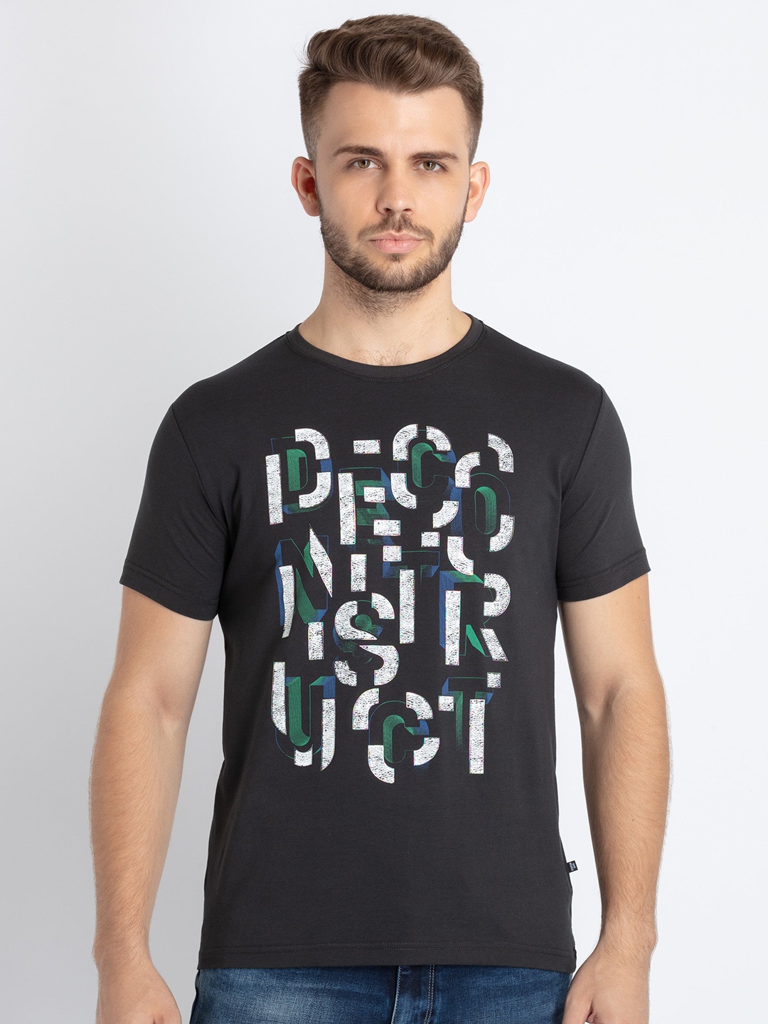 

Status Quo Typography Printed Cotton T-shirt, Charcoal