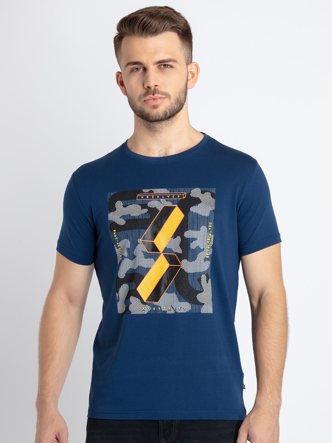 

Status Quo Abstract Printed Round Neck T-Shirt, Blue