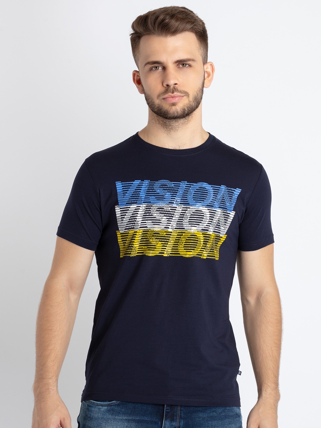 Status Quo Typography Printed Round Neck Cotton T-shirt, Navy blue