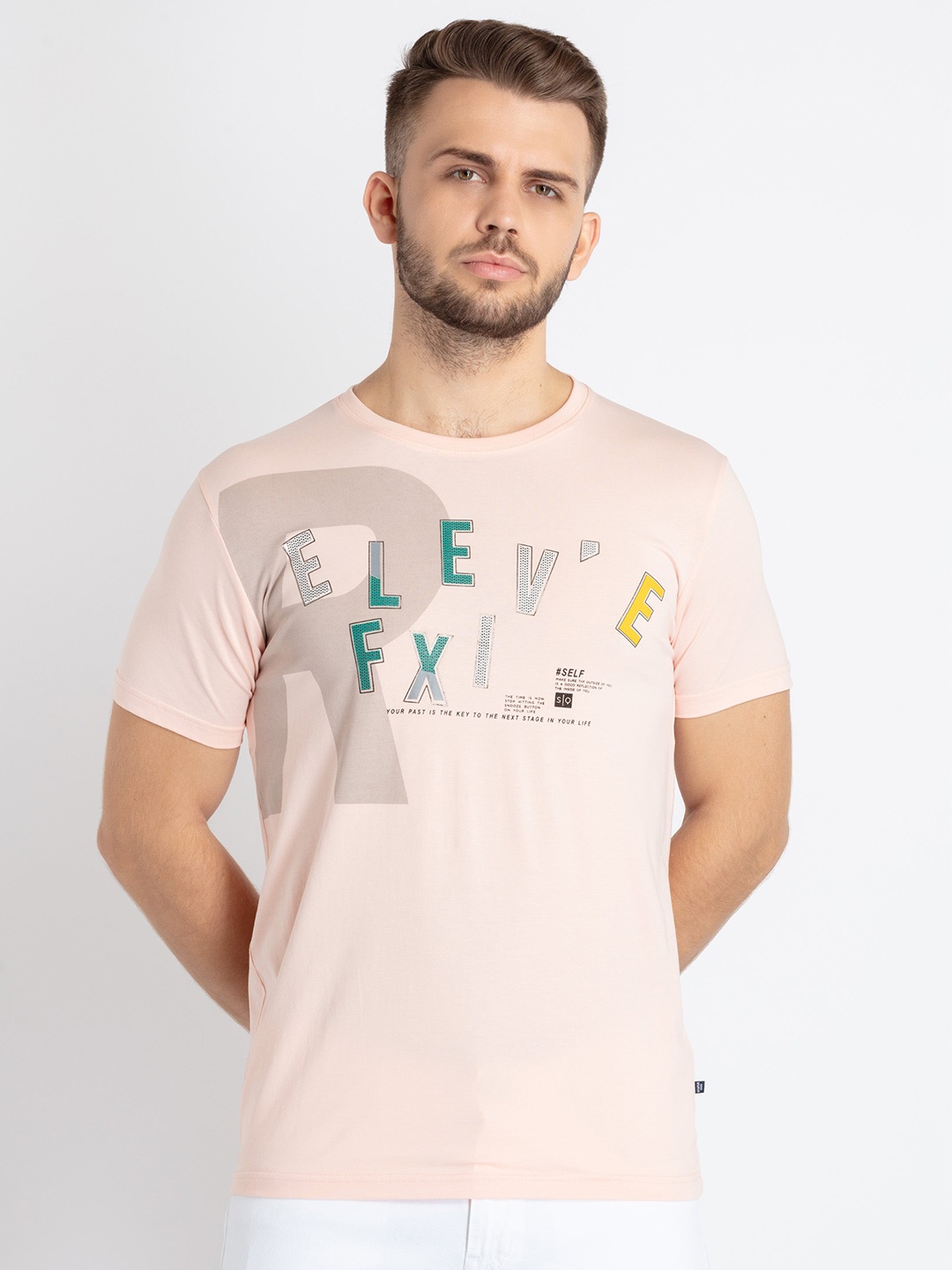 

Status Quo Typography Printed Round Neck Cotton T-shirt, Peach