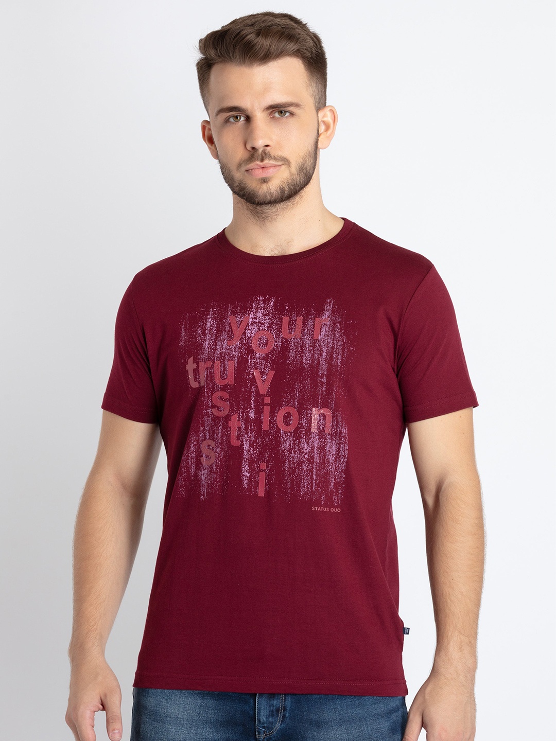 

Status Quo Typography Printed Cotton T-shirt, Maroon