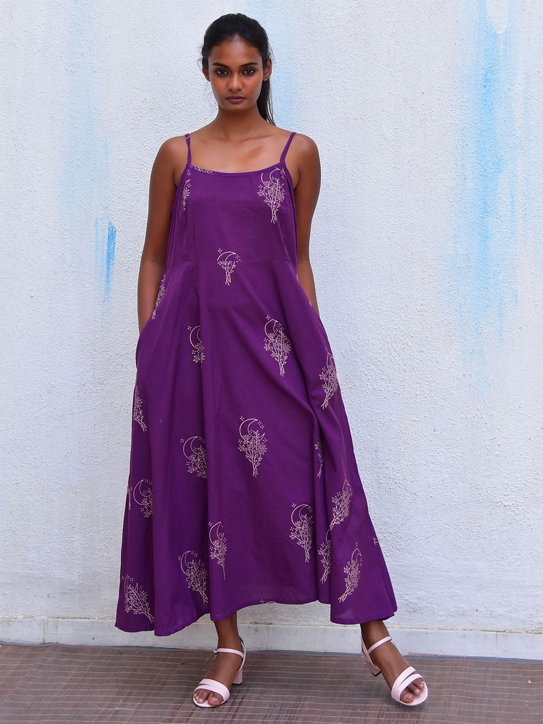 

Chidiyaa Floral Block Printed Midi A-Line Cotton Dress, Purple