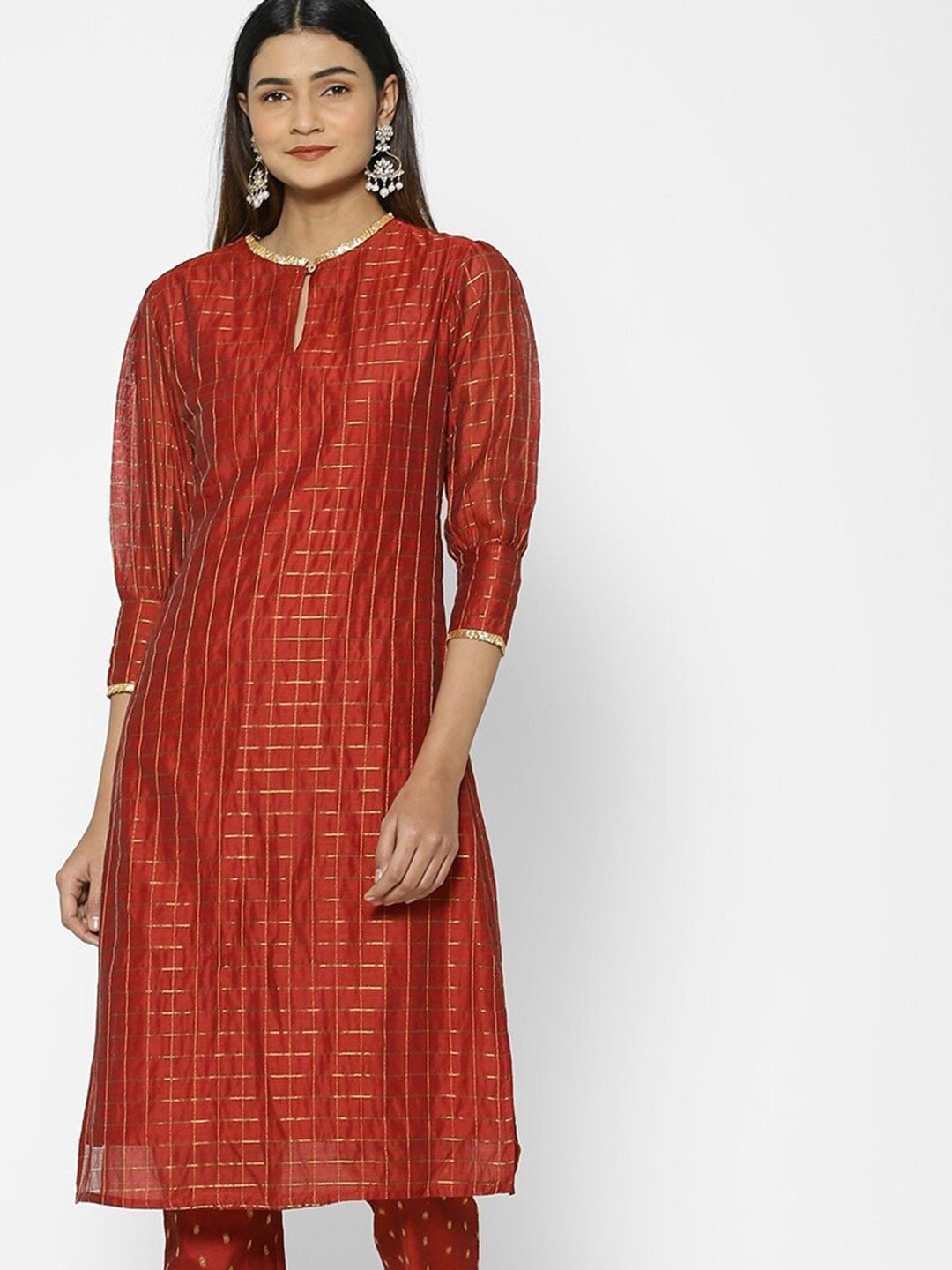 

Saaki Checks Chanderi Silk A-Line Kurta, Orange