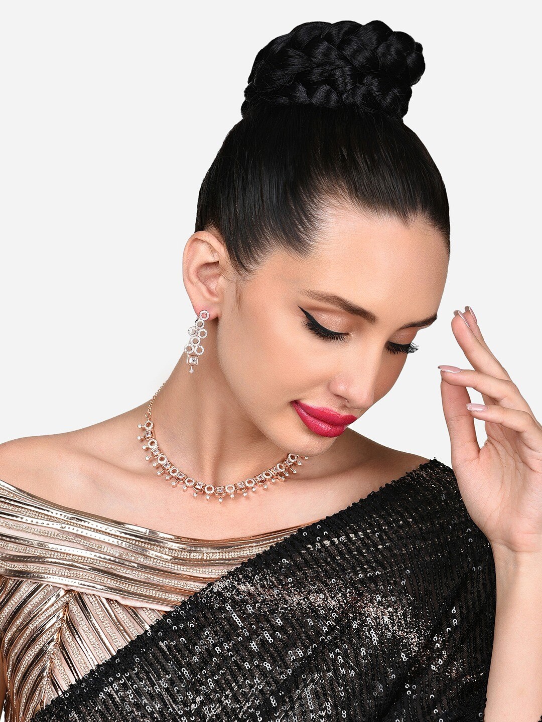 

AMI Rose Gold-Plated CZ Studded & Beaded Jewellery Set