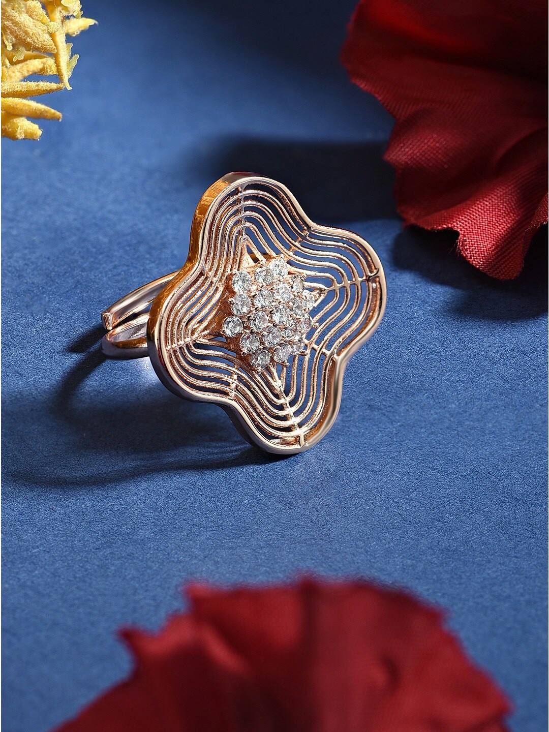 

AMI Rose Gold-Plated Cubic Zirconia-Studded Adjustable Finger Ring