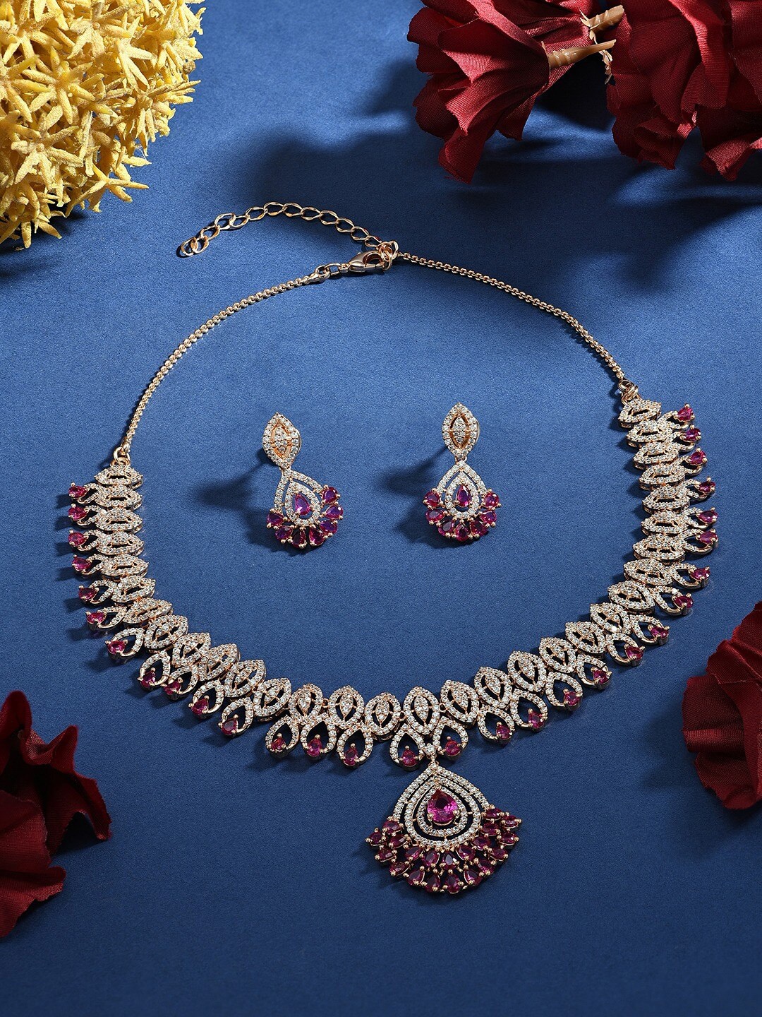 

AMI Rose Gold-Plated Cubic Zirconia-Studded Jewellery Set, Pink