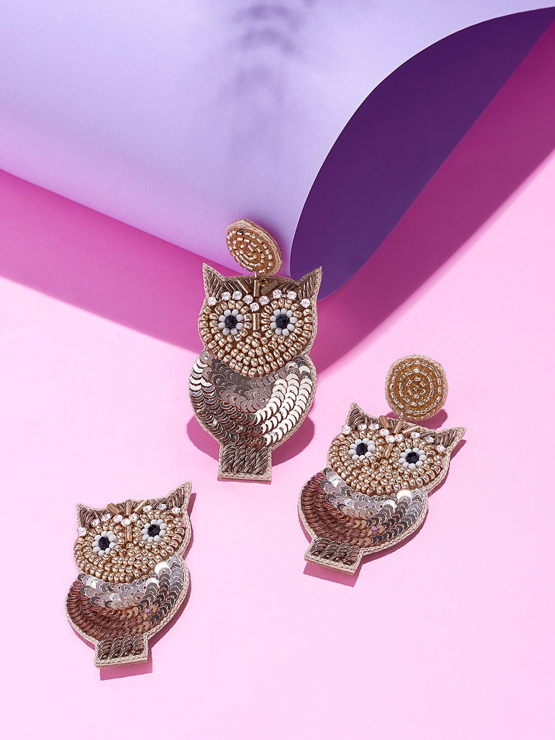 

AMI Sequin Beads & Stones Owl Earrings & Brooch, Gold