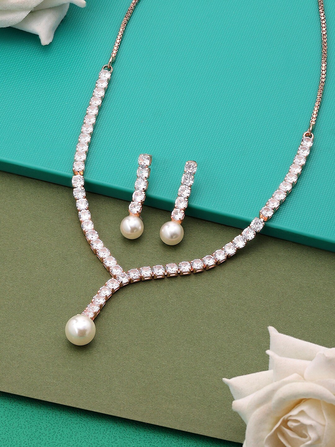 

AMI Rose Gold-Plated CZ-Studded & Beaded Necklace and Earrings