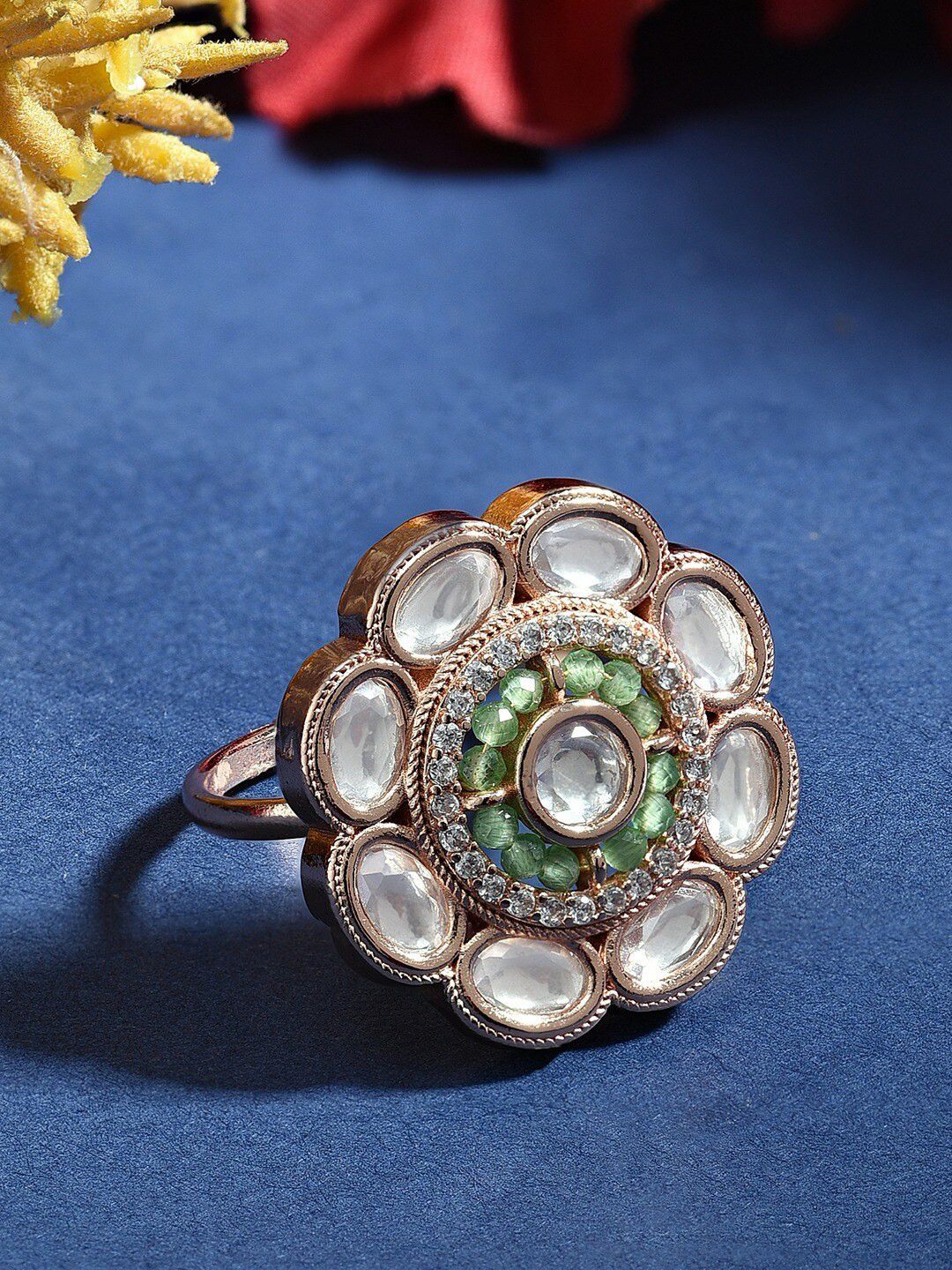 

AMI Rose Gold-Plated Crystal & CZ-Studded Adjustable Finger Ring