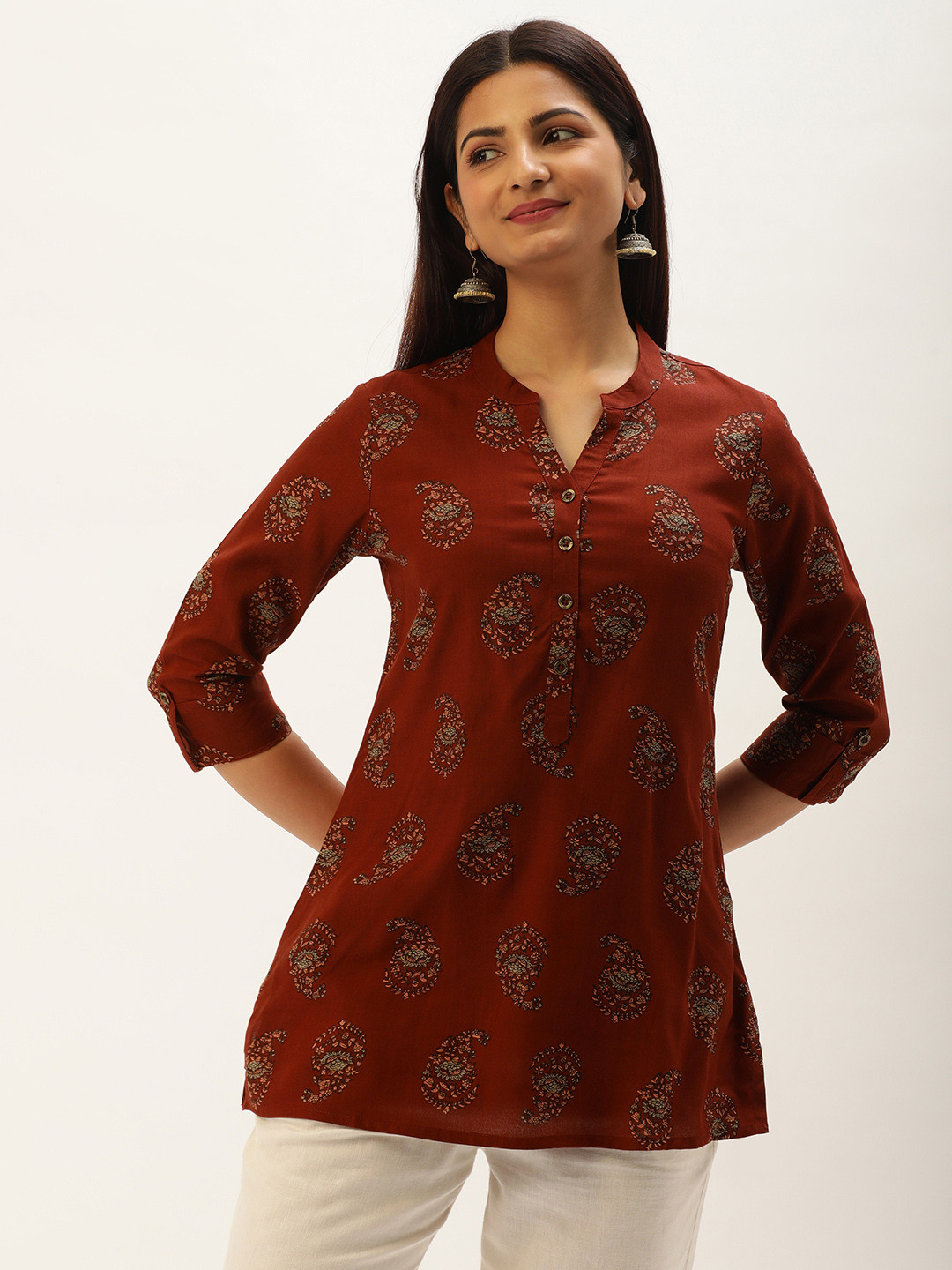 

AMUKTI Mandarin Collar Printed Ethnic Tunic, Rust