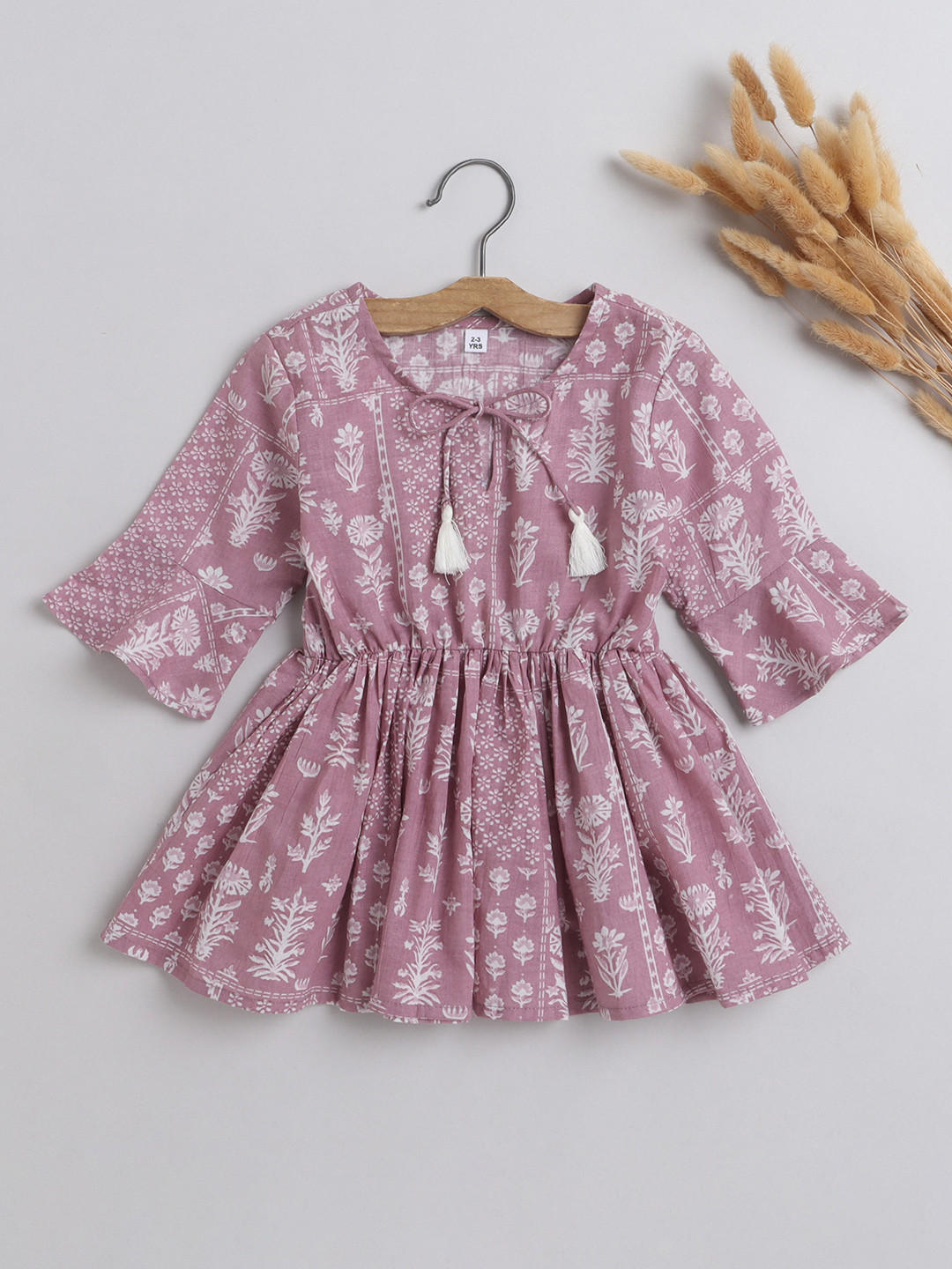 

The Magic Wand Girls Floral Printed Bell Sleeve Pure Cotton Cinched Waist Top, Pink
