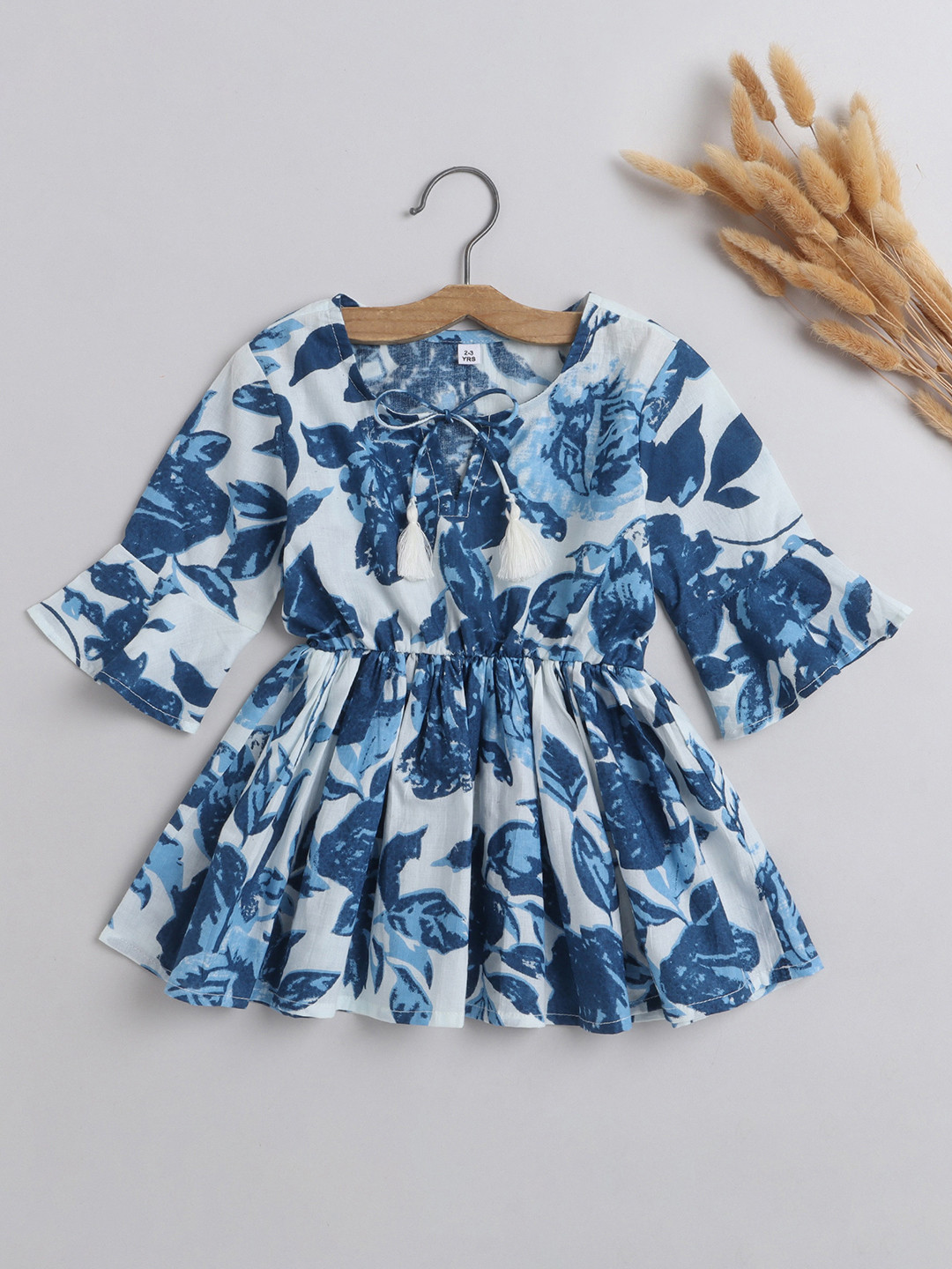 

The Magic Wand Girls Floral Printed Bell Sleeve Pure Cotton Cinched Waist Top, Blue