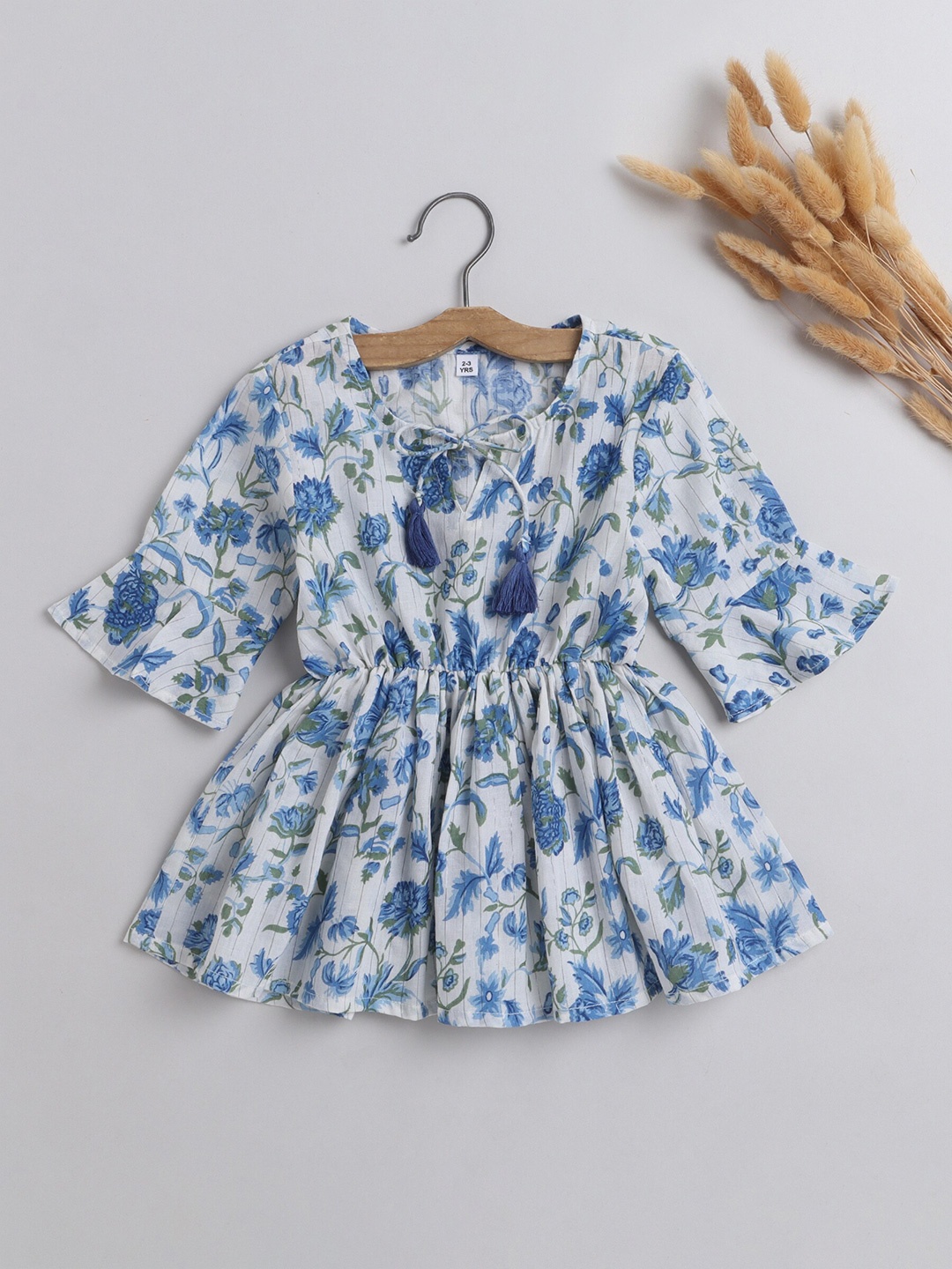

The Magic Wand Girls Floral Printed Bell Sleeve Pure Cotton Cinched Waist Top, Blue