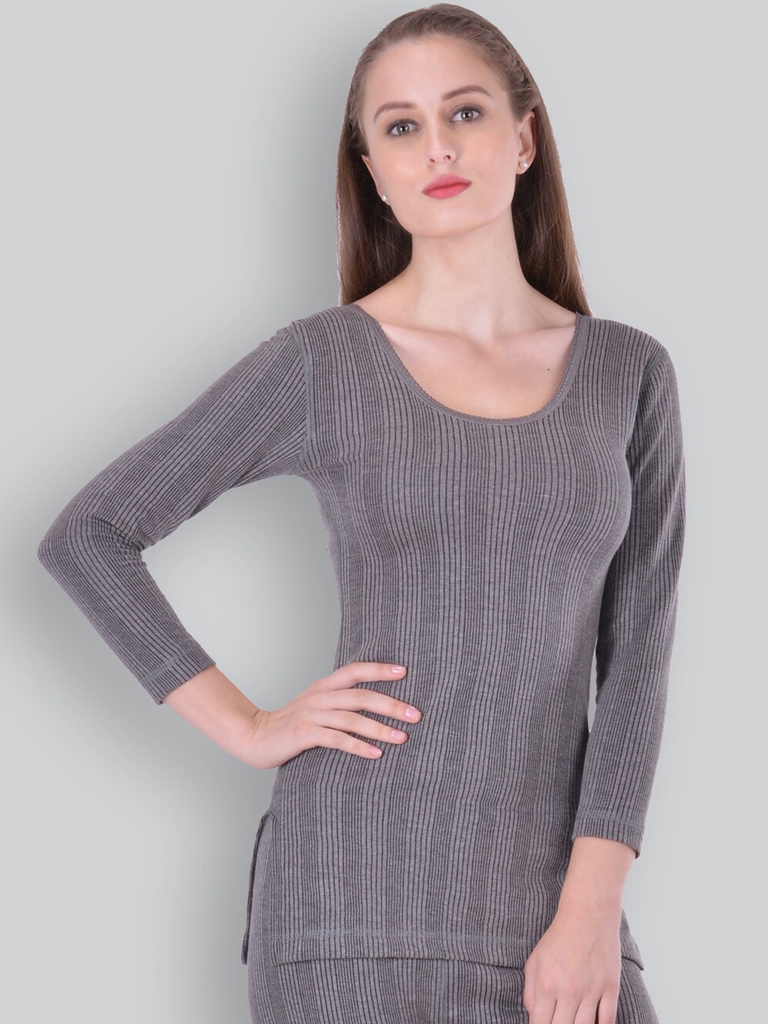 

INFERNO Long Sleeves Ribbed Cotton Thermal Top, Grey
