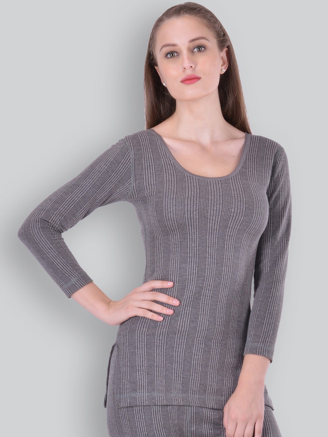 

INFERNO Striped Three-Quarter Sleeves Cotton Thermal Top, Grey
