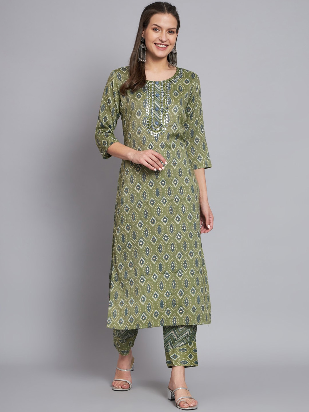 

MESMORA FASHION Ethnic Motifs Printed Mirror Work Pure Cotton Kurta with Trousers, Green