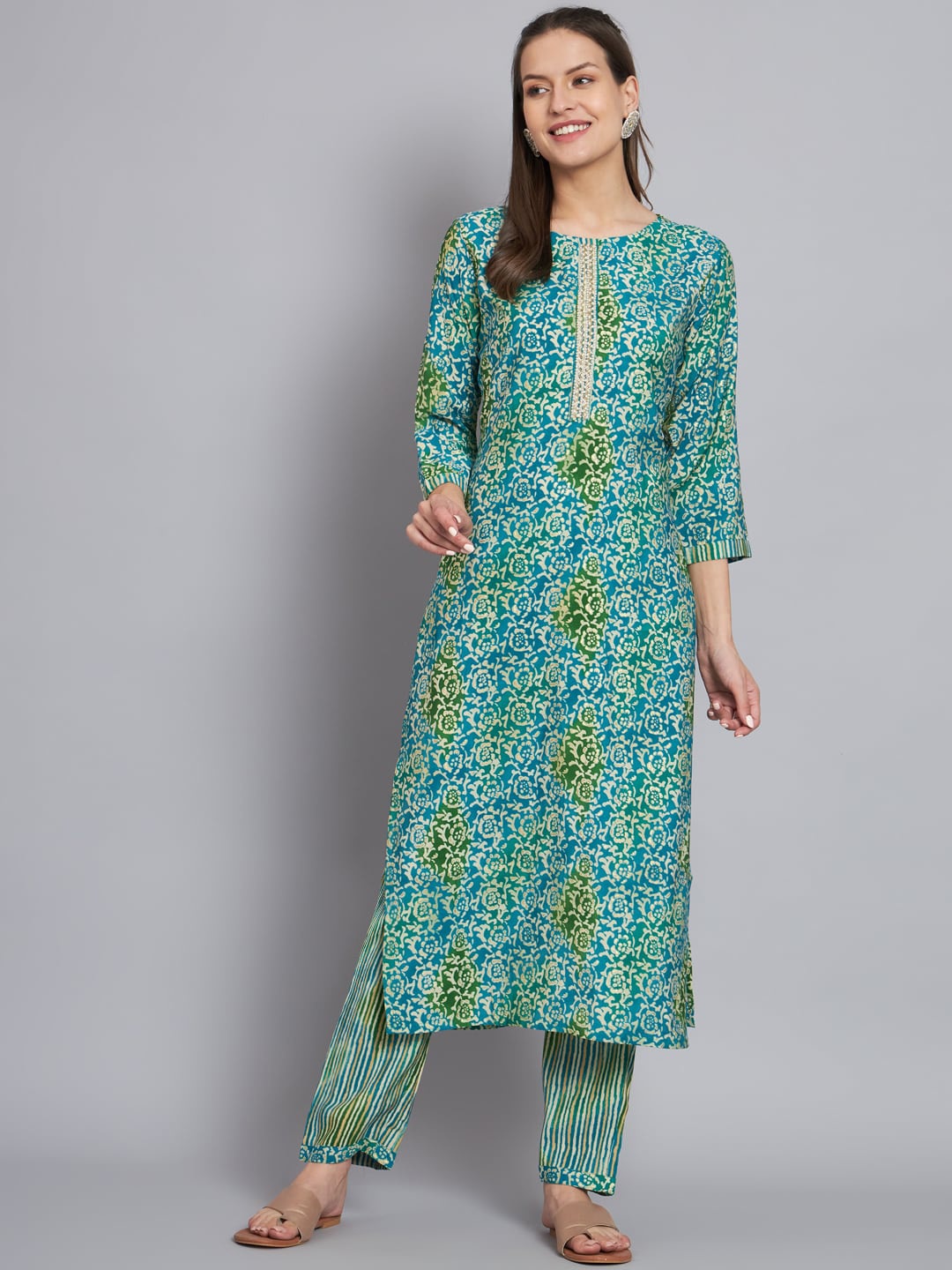 

MESMORA FASHION Ethnic Motifs Printed Beads and Stones Pure Cotton Kurta with Trousers, Blue