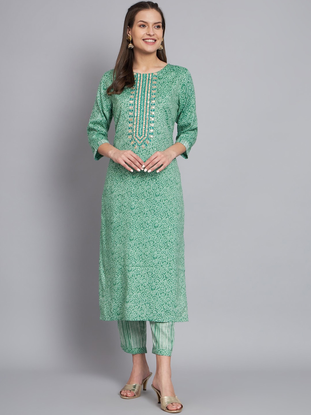 

MESMORA FASHION Bandhani Printed Pure Cotton Kurta with Trousers, Green