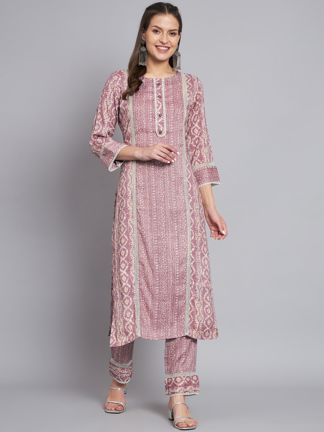 

MESMORA FASHION Ethnic Motifs Printed Pure Cotton Kurta with Trousers, Purple