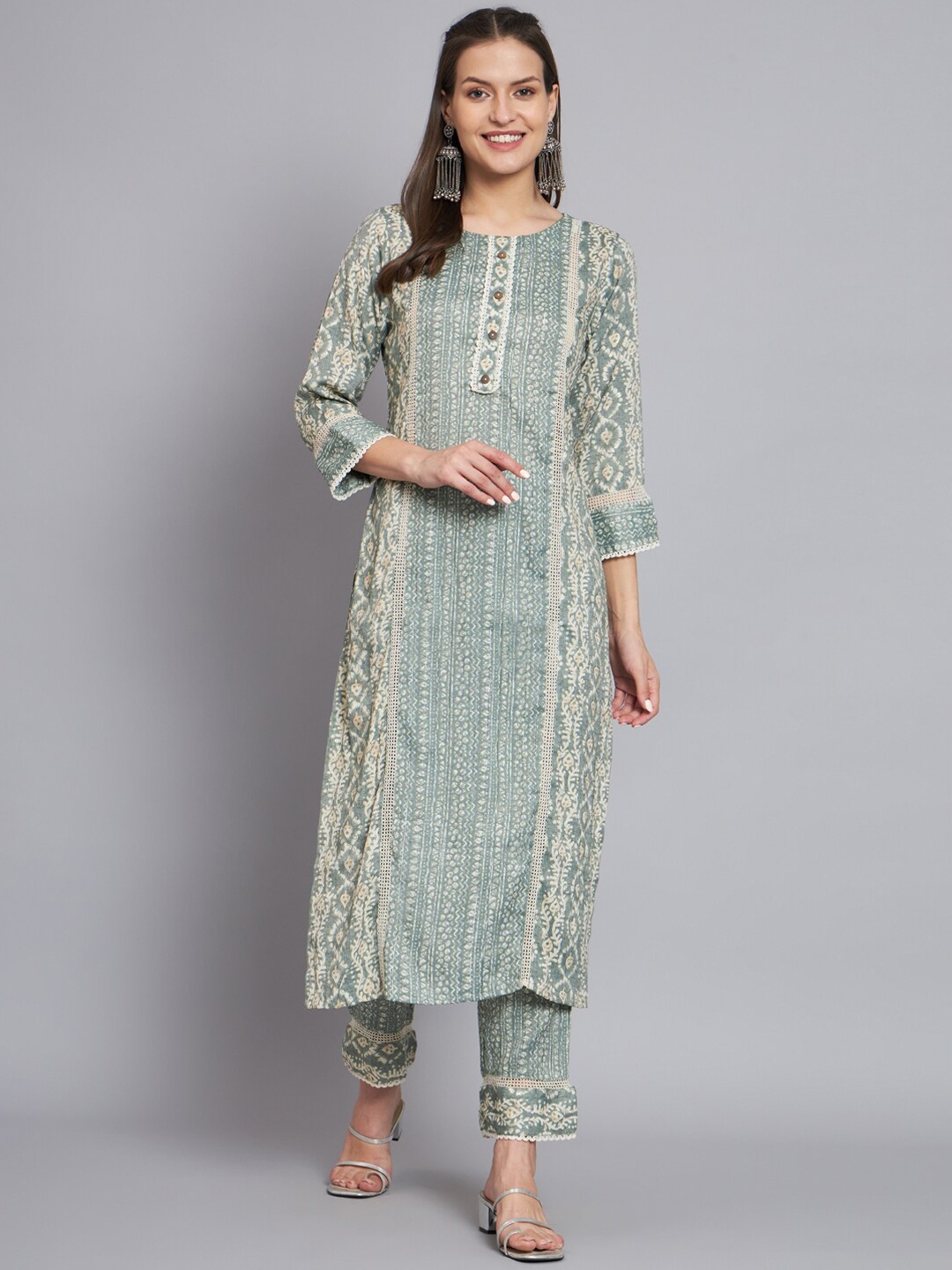 

MESMORA FASHION Ethnic Motifs Printed Pure Cotton Kurta with Trousers, Green