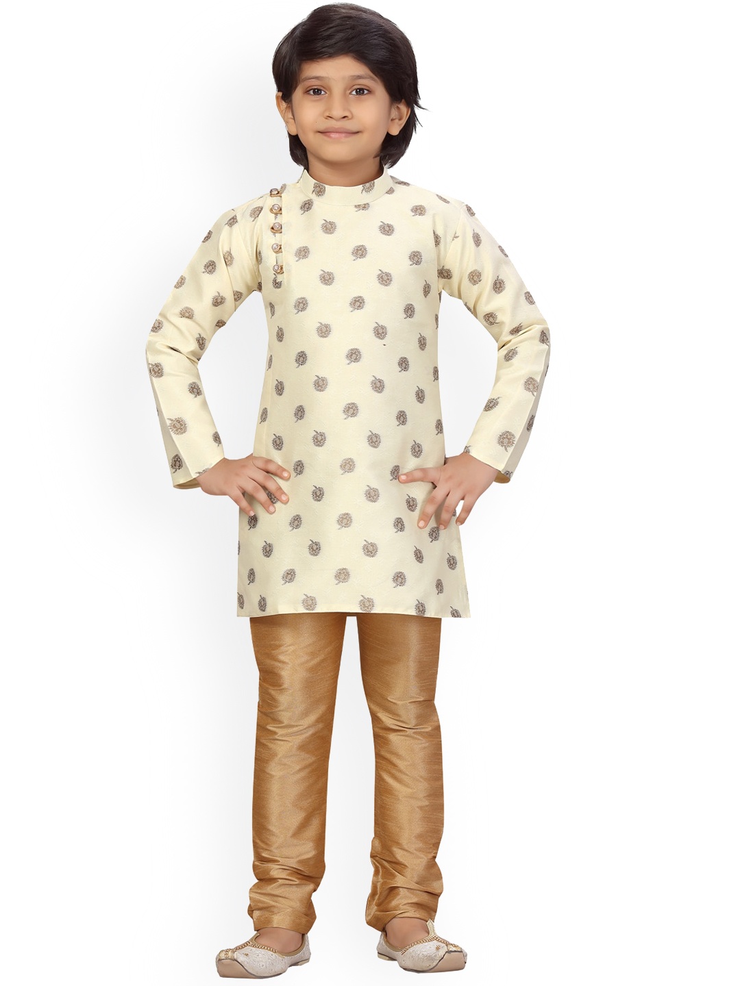 

BAESD Infants Ethnic Motifs Printed Pure Silk Kurta with Churidar, Cream