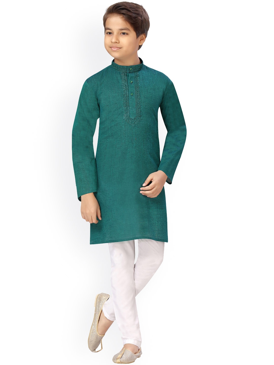 

BAESD Boys Embroidered Band Collar Yoke Design Pure Cotton Regular Kurta with Pyjamas, Teal