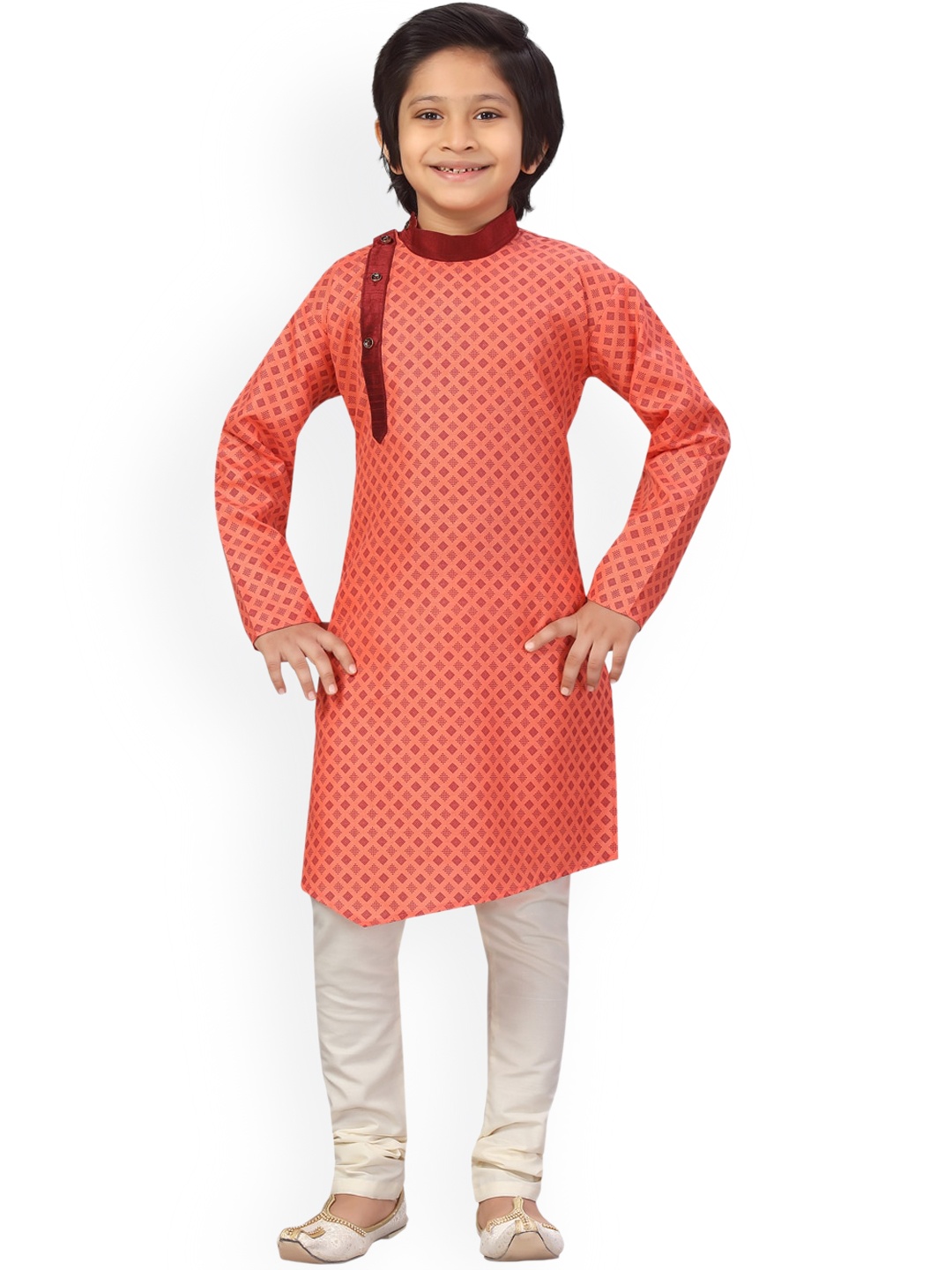 

BAESD Boys Geometric Printed Band Collar Pure Cotton Regular Kurta with Pyjamas, Red