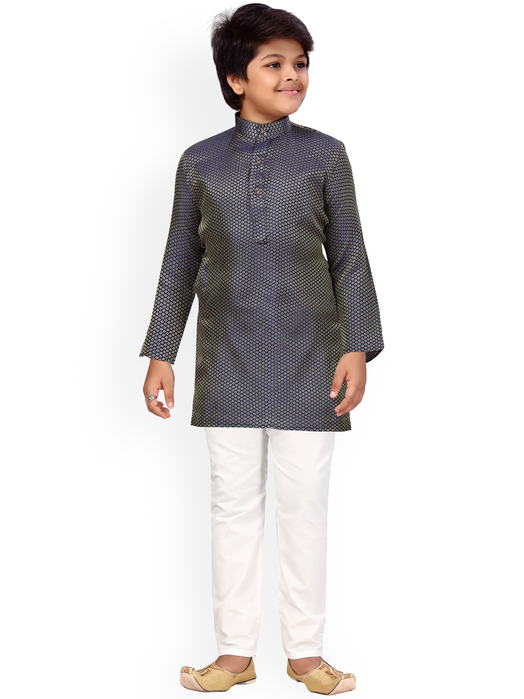 

BAESD Boys Woven Design Band Collar Pure Cotton Regular Kurta with Pyjamas, Navy blue