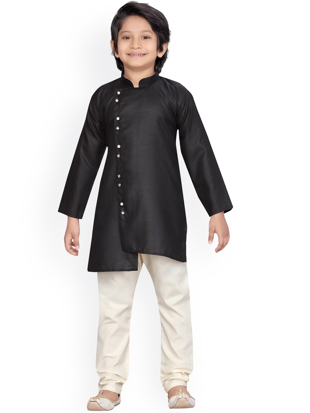 

BAESD Boys Band Collar Pure Cotton Panelled Kurta with Churidar, Black