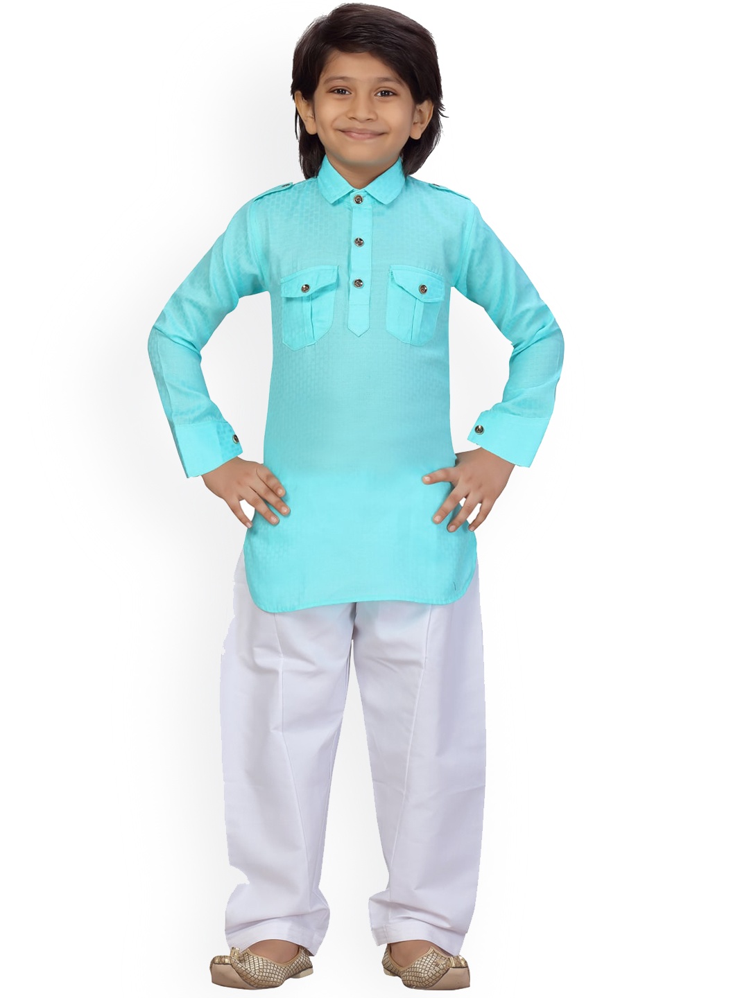

BAESD Boys Shirt Collar Pure Cotton Kurta with Pyjamas, Turquoise blue