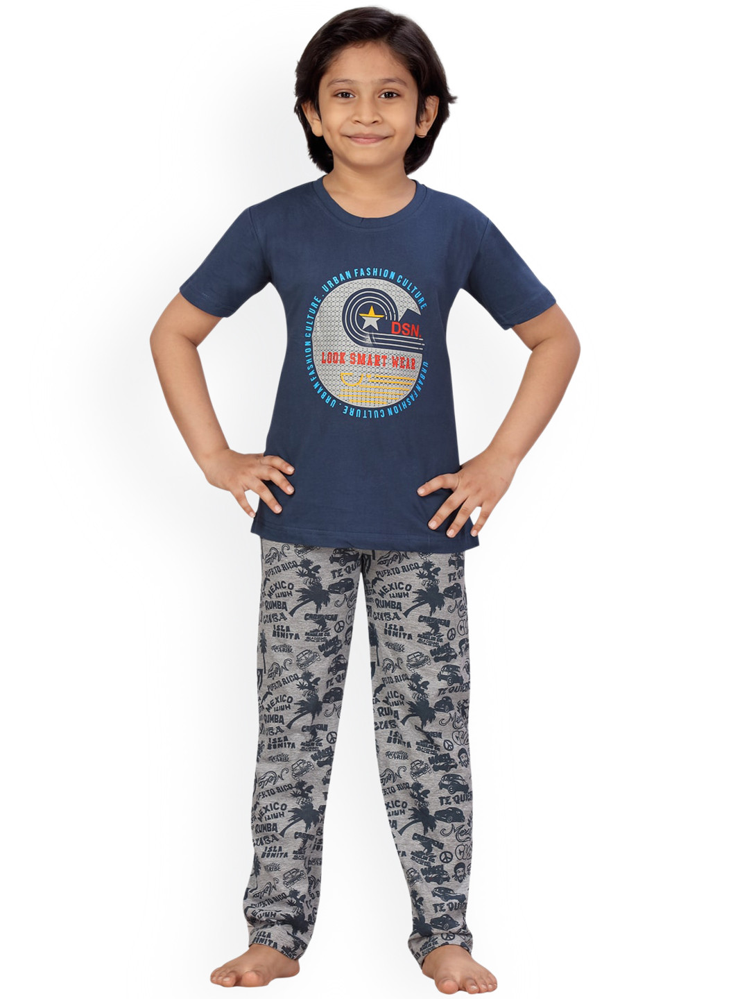 

BAESD Boys Typography Printed Pure Cotton T-shirt With Pyjamas, Blue