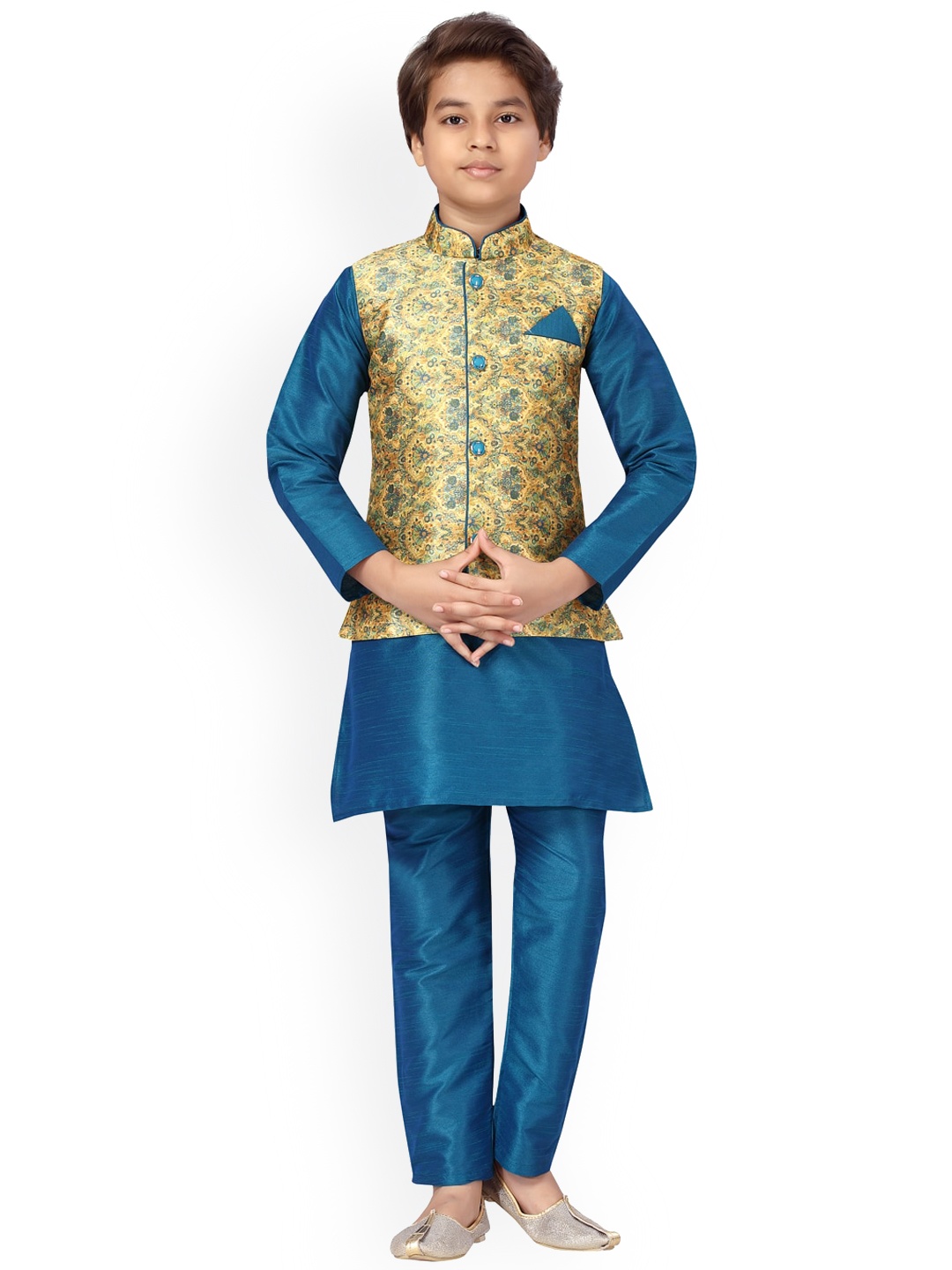 

BAESD Boys Pure Silk Kurta With Pyjamas & Nehru Jacket, Blue