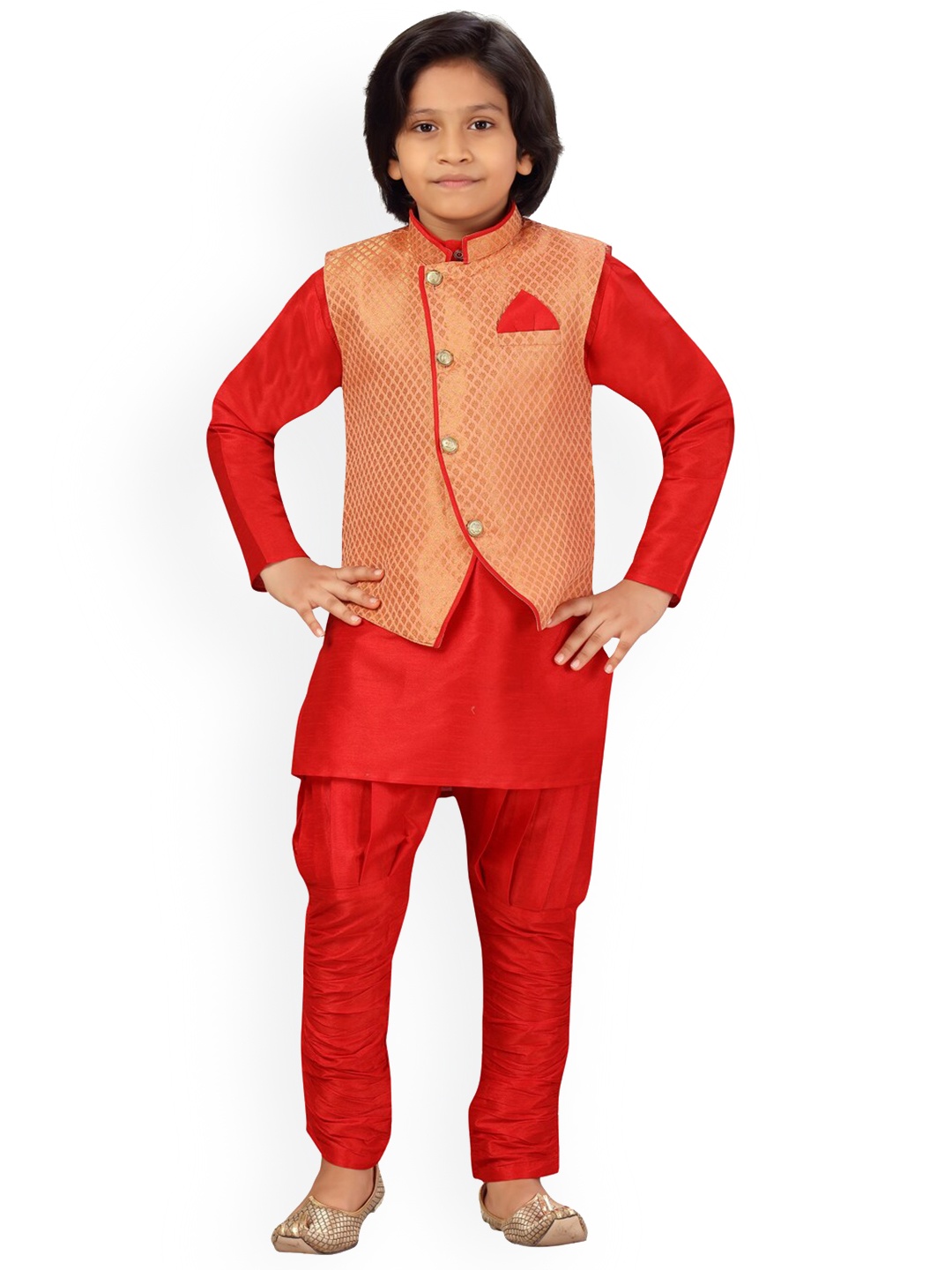 

BAESD Boys Pure Silk Kurta & Churidar With Waistcoat, Peach